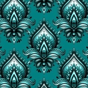 Shimmering Paisley Damask in Teal Monochrome - Coordinate