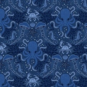 Ocean Discoveries Damask - Deep Navy Midnight Blue - Octopus, Jellyfish, Crab, Seahorse, Seaweed, Starfish - Medium Scale by Angel Gerardo