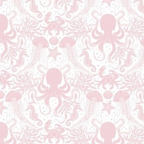 Ocean Discoveries Damask - Cotton Candy Pink - Octopus, Jellyfish, Crab, Seahorse, Seaweed, Starfish - Medium Scale by Angel Gerardo