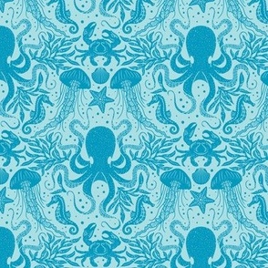 Ocean Discoveries Damask - Caribbean Turquoise and Pool Blue - Octopus, Jellyfish, Crab, Seahorse, Seaweed, Starfish - Medium Scale by Angel Gerardo