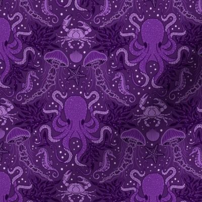 Ocean Discoveries Damask - Deep Purple Amethyst - Octopus, Jellyfish, Crab, Seahorse, Seaweed, Starfish - Medium Scale by Angel Gerardo