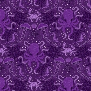 Ocean Discoveries Damask - Deep Purple Amethyst - Octopus, Jellyfish, Crab, Seahorse, Seaweed, Starfish - Medium Scale by Angel Gerardo