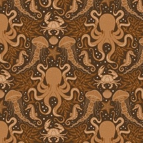 Ocean Discoveries Damask - Deep Ochre Rust Brown - Octopus, Jellyfish, Crab, Seahorse, Seaweed, Starfish - Medium Scale by Angel Gerardo