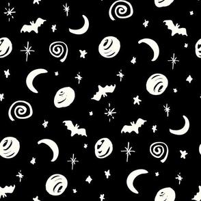 Magic Sky stars bats moons planets black and natural white by Jac Slade