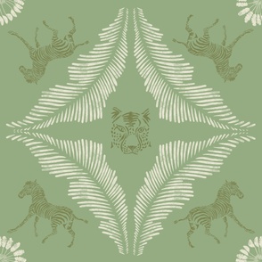 Hand drawn tiger, zebra and fern wallpaper in jadeite/sage green