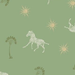 Western hand drawn zebra, palm tree, sun wallpaper for nursery in jadeite/sage green