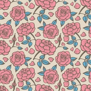 Retro Freckled Pink Roses with Blue Leaves on Stone Gray