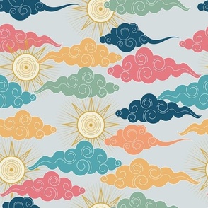 Multicolor Asian-style Clouds on Regency Grey