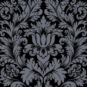 Slate Grey and Black Arts and Crafts Floral Damask