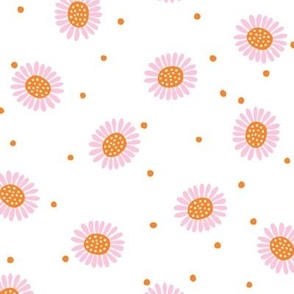 SMALL PINK AND ORANGE DITSY DAISIES WITH DOTS ON WHITE