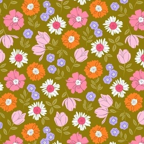 SMALL SPRING DITSY FLORAL PINK ORANGE PURPLE ON GREEN