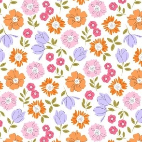 SMALL SPRING DITSY FLORAL PINK ORANGE PURPLE ON WHITE