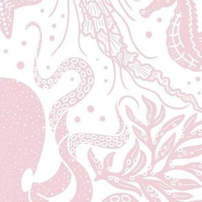 Ocean Discoveries Damask - Cotton Candy Pink - Octopus, Jellyfish, Crab, Seahorse, Seaweed, Starfish - Large Scale by Angel Gerardo