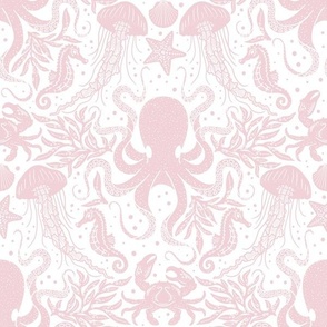 Ocean Discoveries Damask - Cotton Candy Pink - Octopus, Jellyfish, Crab, Seahorse, Seaweed, Starfish by Angel Gerardo