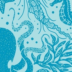 Ocean Discoveries Damask - Caribbean Turquoise and Pool Blue - Octopus, Jellyfish, Crab, Seahorse, Seaweed, Starfish - Large Scale by Angel Gerardo