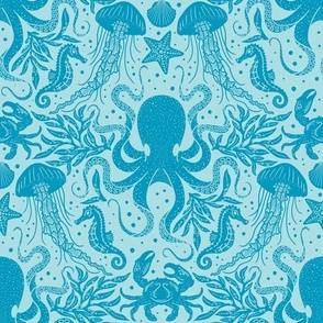 Ocean Discoveries Damask - Caribbean Turquoise and Pool Blue - Octopus, Jellyfish, Crab, Seahorse, Seaweed, Starfish  by Angel Gerardo