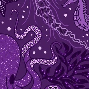 Ocean Discoveries Damask - Deep Purple Amethyst - Octopus, Jellyfish, Crab, Seahorse, Seaweed, Starfish - Large Scale by Angel Gerardo