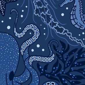 Ocean Discoveries Damask - Deep Navy Midnight Blue - Octopus, Jellyfish, Crab, Seahorse, Seaweed, Starfish - Large Scale by Angel Gerardo