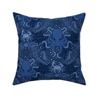 Ocean Discoveries Damask - Deep Navy Midnight Blue - Octopus, Jellyfish, Crab, Seahorse, Seaweed, Starfish by Angel Gerardo