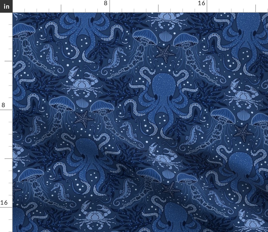 Ocean Discoveries Damask - Deep Navy Midnight Blue - Octopus, Jellyfish, Crab, Seahorse, Seaweed, Starfish by Angel Gerardo