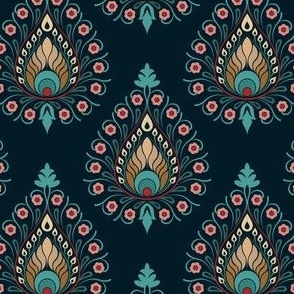 Peacock Paisley Damask on Dark Teal