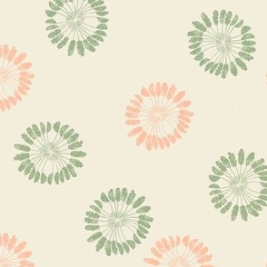Western boho circle palm fronds in jadeite/sage green and pink peach fuzz for wallpaper