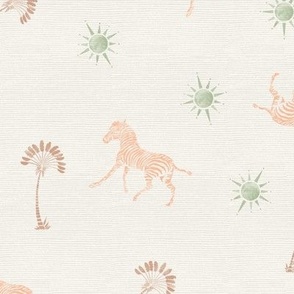 Wester hand drawn zebra, palm tree, sun wallpaper for preppy girl's nursery in pink peach fuzz and green