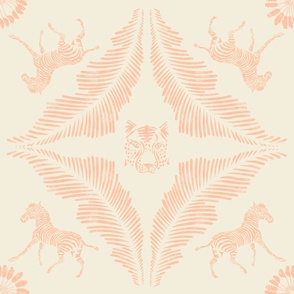 Hand drawn tiger, zebra and fern wallpaper in peach fuzz for preppy wallpaper