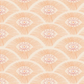 Peach fuzz and hot pink evil eye in a fan shape for wallpaper, cushions and home decor