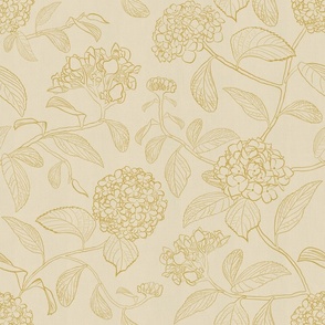 Large scale camel and beige trailing floral hydrangea for neutral wallpaper and home decor.