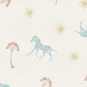 Preppy Western hand drawn zebra, palm tree, sun wallpaper for boy's nursery in light blue