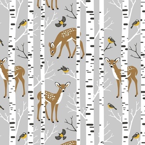 Birch Forest with Woodland Animals Deer and Birds