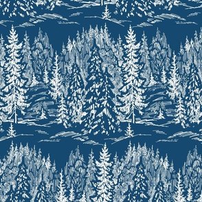 Woodcut Type Block Print Reverse Pine Tree Forest on Sapphire Blue