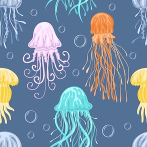 Colorful jellyfish on blue