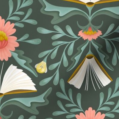 (M) Books disguised as flowers, maximalist folk art book, library, pink teal dark green