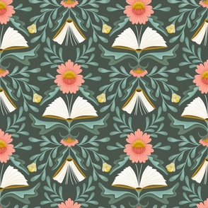 (M) Books disguised as flowers, maximalist folk art book, library, pink teal dark green