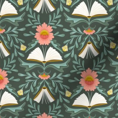 (S) Books disguised as flowers, maximalist folk art book, library, pink teal dark green