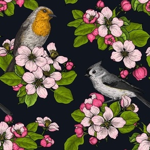 Birds and Blossoms on black