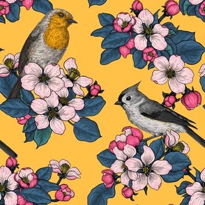 Birds and Blossoms on yellow