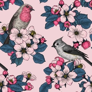 Birds and Blossoms on pink 