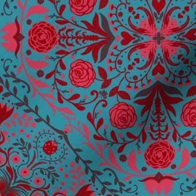 Floral tiles in red and lagoon blue