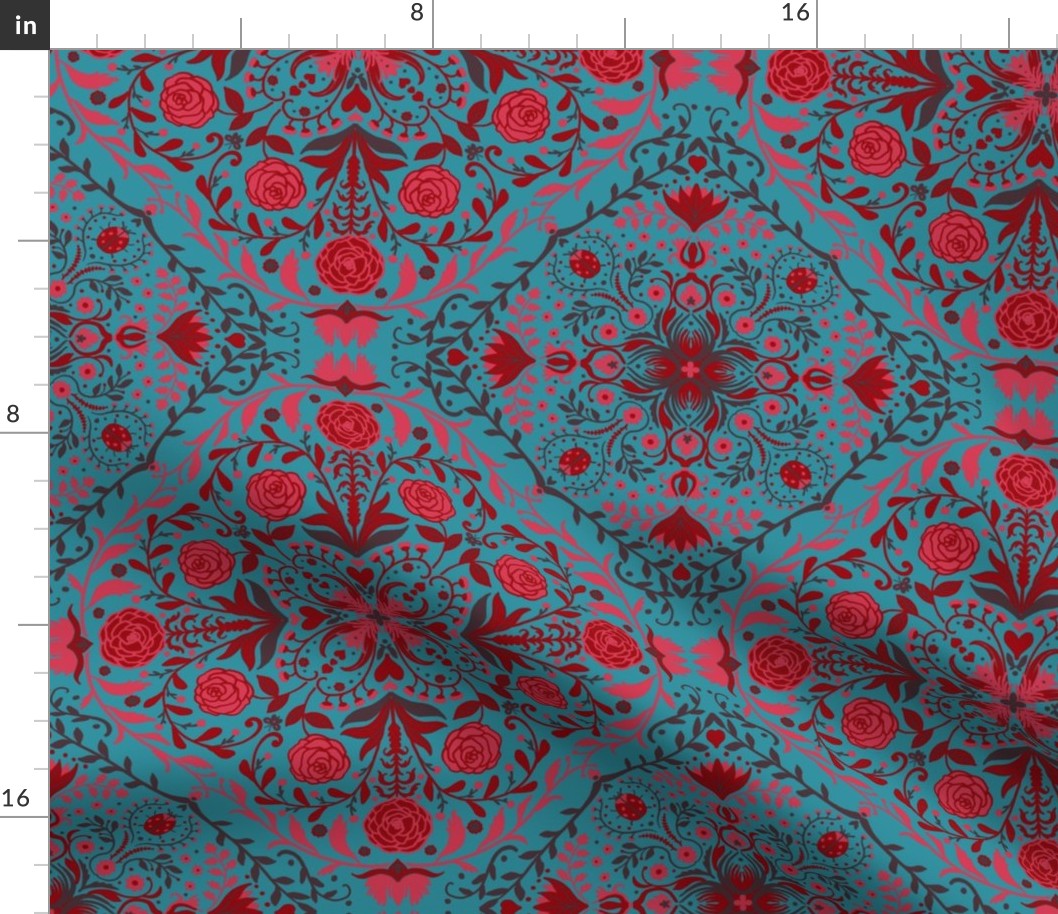Floral tiles in red and lagoon blue