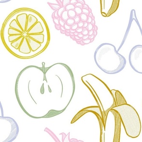 Fruity repeat pattern - multicolour on white background 