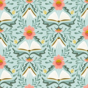 (M) Books disguised as flowers, maximalist folk art book, library, pink teal sea glass blue