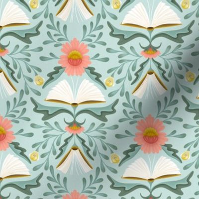 (S) Books disguised as flowers, maximalist folk art book, library, pink teal sea glass blue