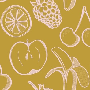 Fruity repeat pattern (large scale) - pink on mustard background 