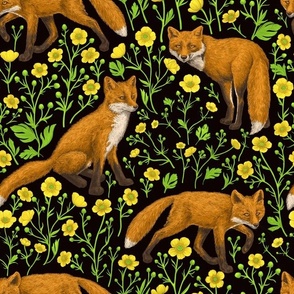 Foxes and buttercups on black