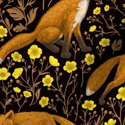Foxes and buttercups on black