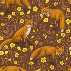 Foxes and buttercups on cinnamon brown