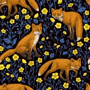 Foxes and buttercups on black